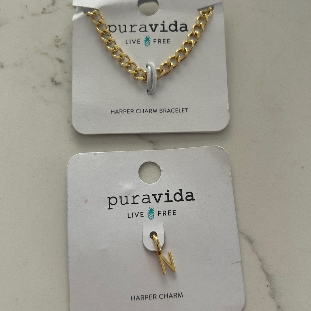 Pura Vida Live Free Harper Charm Bracelet with N Charm Gold Plated